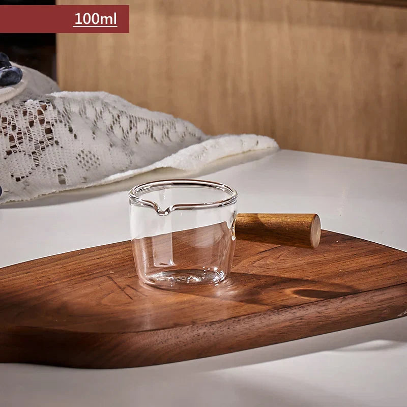DecorBites™ Glass Espresso Measuring Cup with Wood Handle, Transparent Milk Jug
