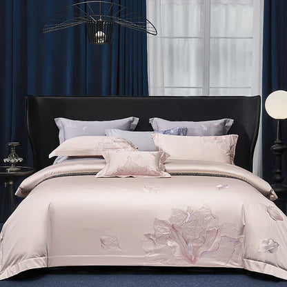 Decobites Luxury Flower Embroidery Bedding Set: Soft Egyptian Cotton Duvet Cover, Sheet, Pillowcase (4Pcs)