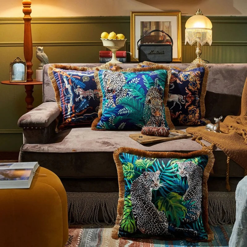 DecorBites™ Jungle Animal Collection Cushion Cover with Gold Tassel Fringe - Luxury Satin Pillowcase