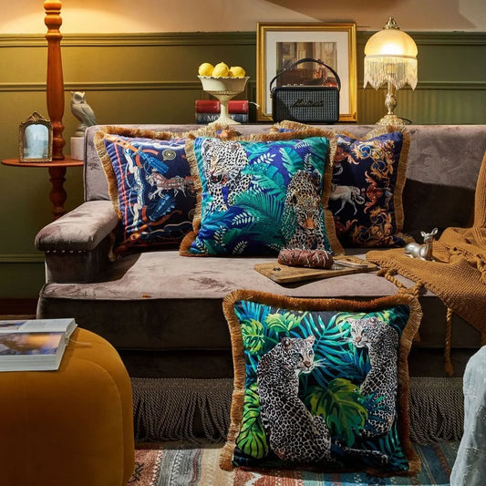 DecorBites™ Jungle Animal Collection Cushion Cover with Gold Tassel Fringe - Luxury Satin Pillowcase