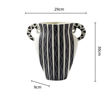DecorBites™ Black Check Geometric Striped Ceramic Vase - Handcrafted Floral Arrangement Pot