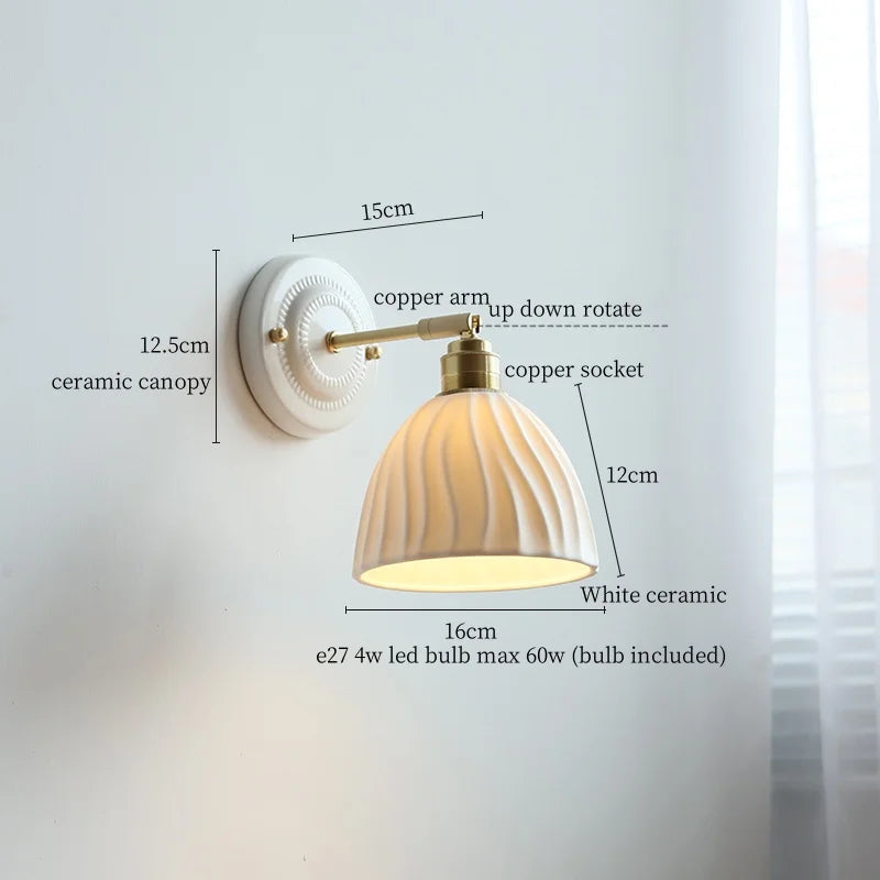 DecorBites™ Ceramic Wall Sconce with Copper Arm | Pull Chain Switch LED Bedroom Lamp