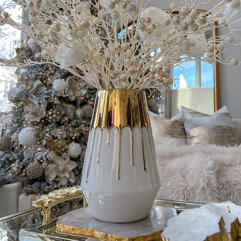 DecorBites™ Golden Ceramic Vase for Wedding and Home Decor