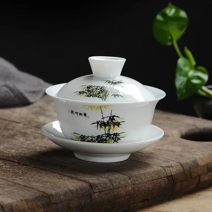 DecorBites™ Lotus Hand-Drawn Gaiwan Tea Set - White Porcelain Jingdezhen Teapot Puer Cup