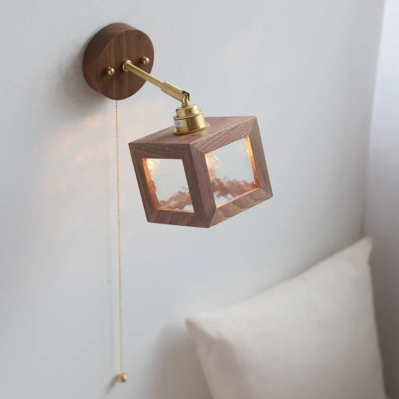 DecorBites™ Clear Glass LED Wall Light Fixture Walnut Wood Pull Chain Switch Nordic Modern Wall Lamp