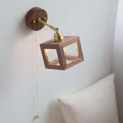 DecorBites™ Clear Glass LED Wall Light Fixture Walnut Wood Pull Chain Switch Nordic Modern Wall Lamp