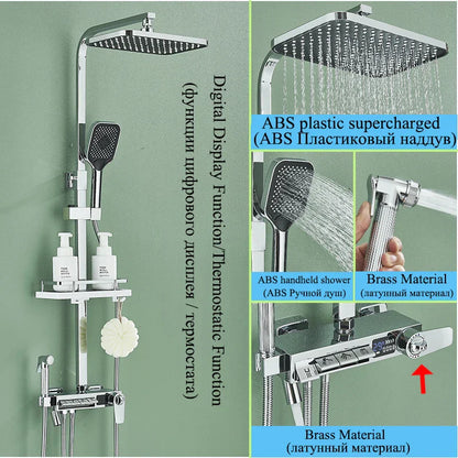 DecorBites™ Digital Display Thermostatic Shower Faucet Set with Rainfall Shower Column in Chrome