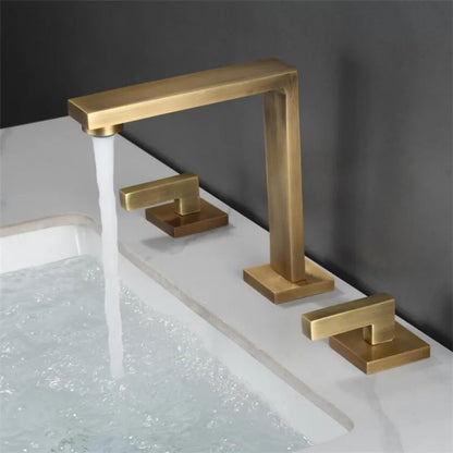 DecorBites™ Brushed Gold Basin Faucet: Antique 3-Hole Waterfall Bathroom Faucet, Hot and Cold Water