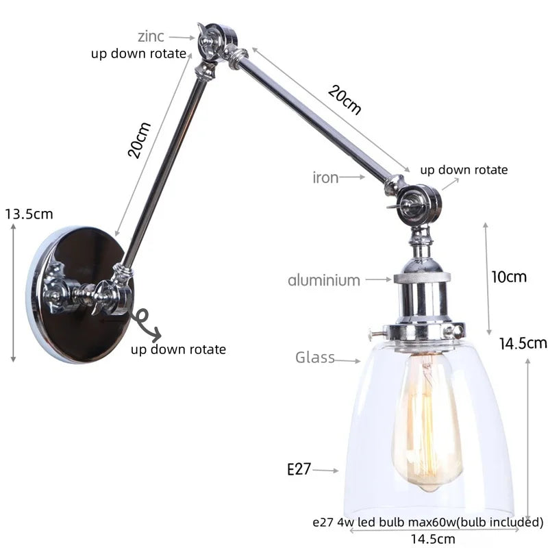 DecorBites™ Chrome Industrial LED Wall Sconce Swing Arm Clear Glass Lamp