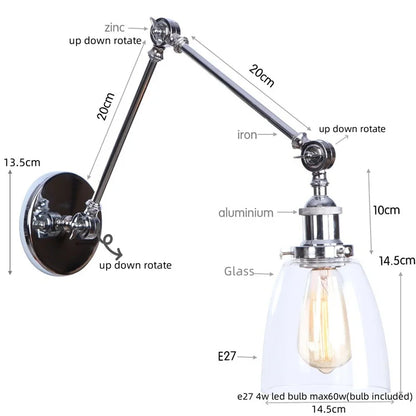 DecorBites™ Chrome Industrial LED Wall Sconce Swing Arm Clear Glass Lamp