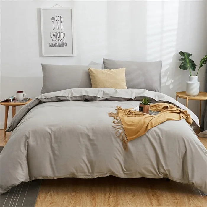 DecorBites™ Cotton 4pcs Bedding Set Double Queen Solid Color Duvet Cover Flat Bed Sheet