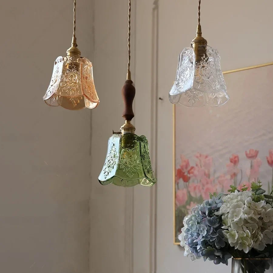 DecorBites™ Green Glass LED Pendant Lamp | Modern Nordic Wood Walnut | Brass Knob Switch | Hanging Light