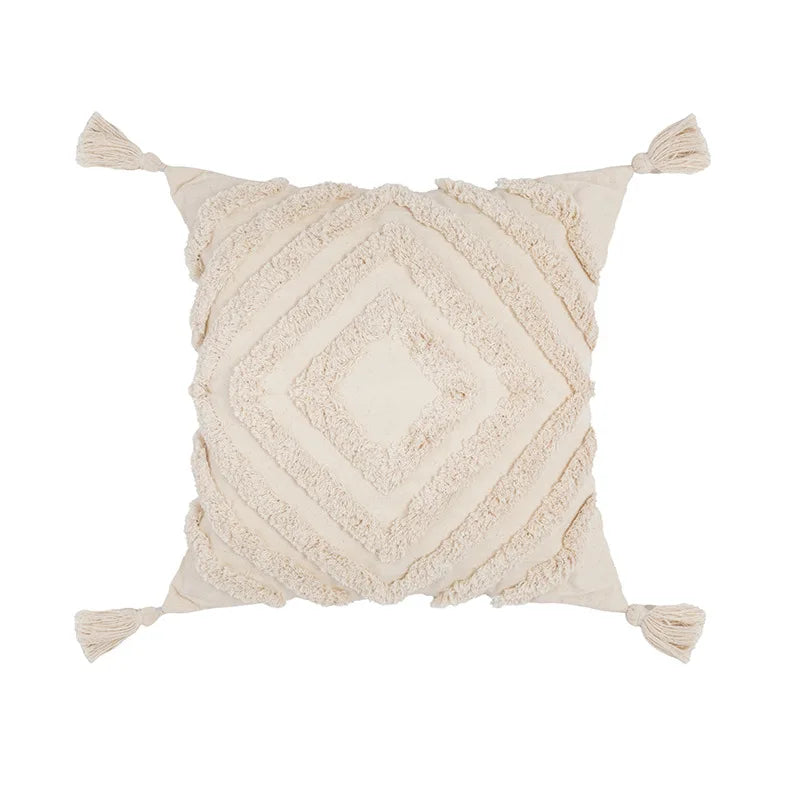 Funda de cojín DecorBites™ Boho con borlas blancas y mechones, color beige, estilo boho, para decoración del hogar, cuadrada, con cuentas.