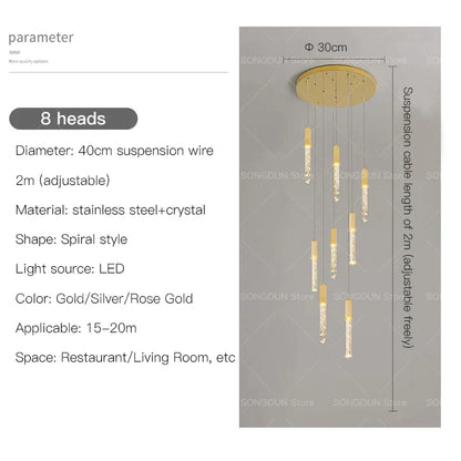 DecorBites™ Crystal Loft Chandelier for Duplex Living Room & Stairwell, Long Hanging Lighting