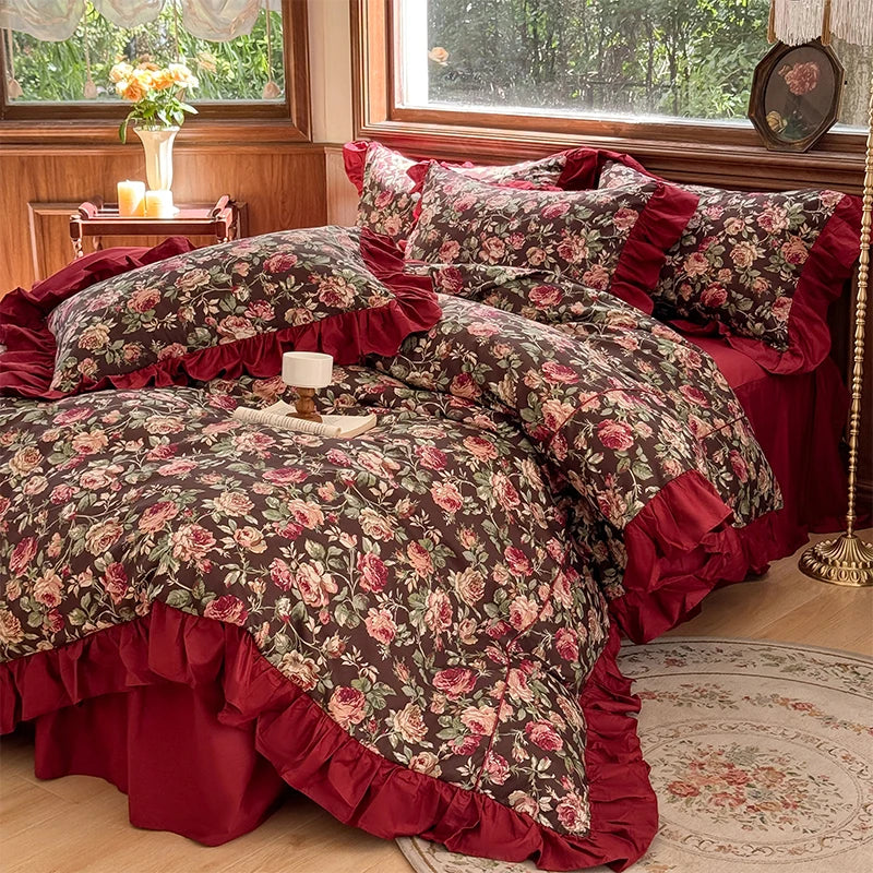 Decobites Princess Ruffles Rose Flowers Bedding Set with Pillowcase - 4Pcs