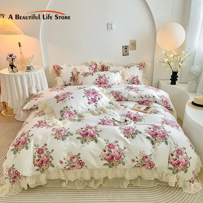 Decobites Vintage Rose Floral Double Layer Lace Ruffles 100% Cotton Bedding Set