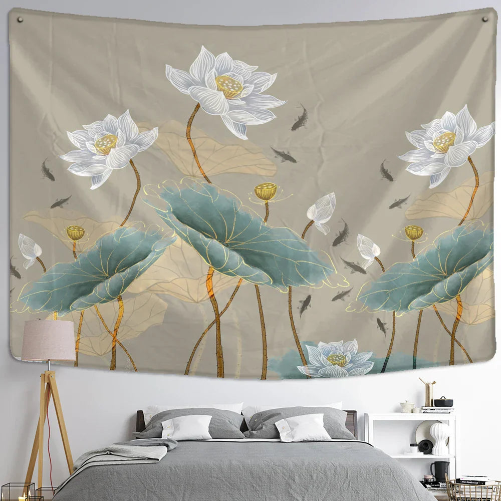 Decorbites™ Koi-Lotus-Tinten-Gobelin-Wandbehang – Bohème-Ästhetik für die Hausdekoration