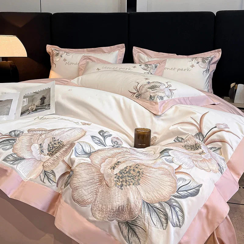 Decobites Pink Flowers Embroidery Cotton Luxury Bedding Set: Duvet, Sheet, Pillowcases - 4Pcs