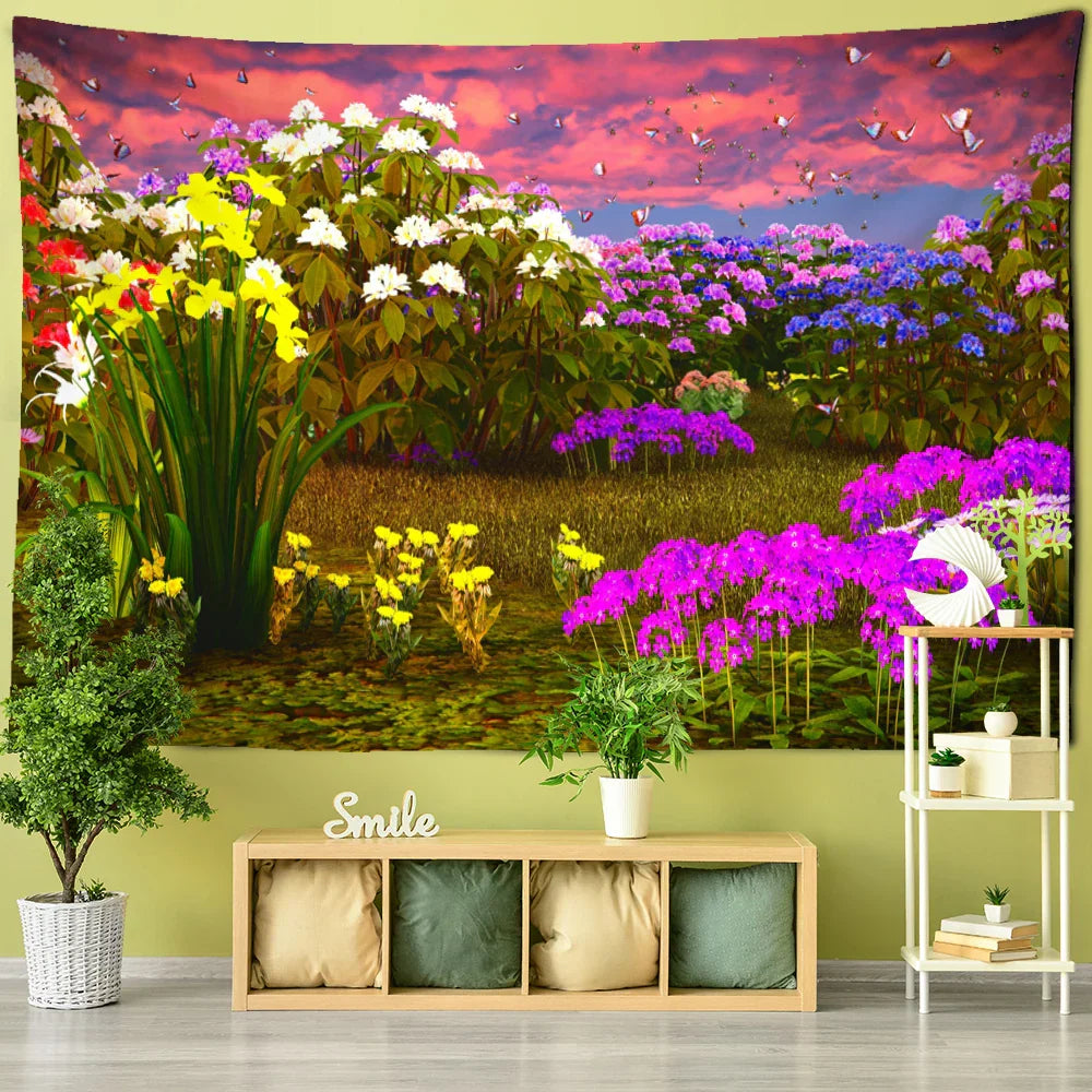 Rhododendron Bush Landscape Tapestry by Decobites: Psychedelic Hippie Wall Decor for Living Room