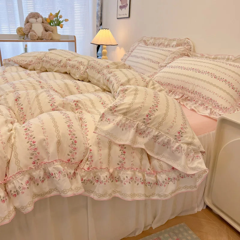 DecorBites™ Korean Princess Floral Print Bedding Set in Washed Cotton for Girls