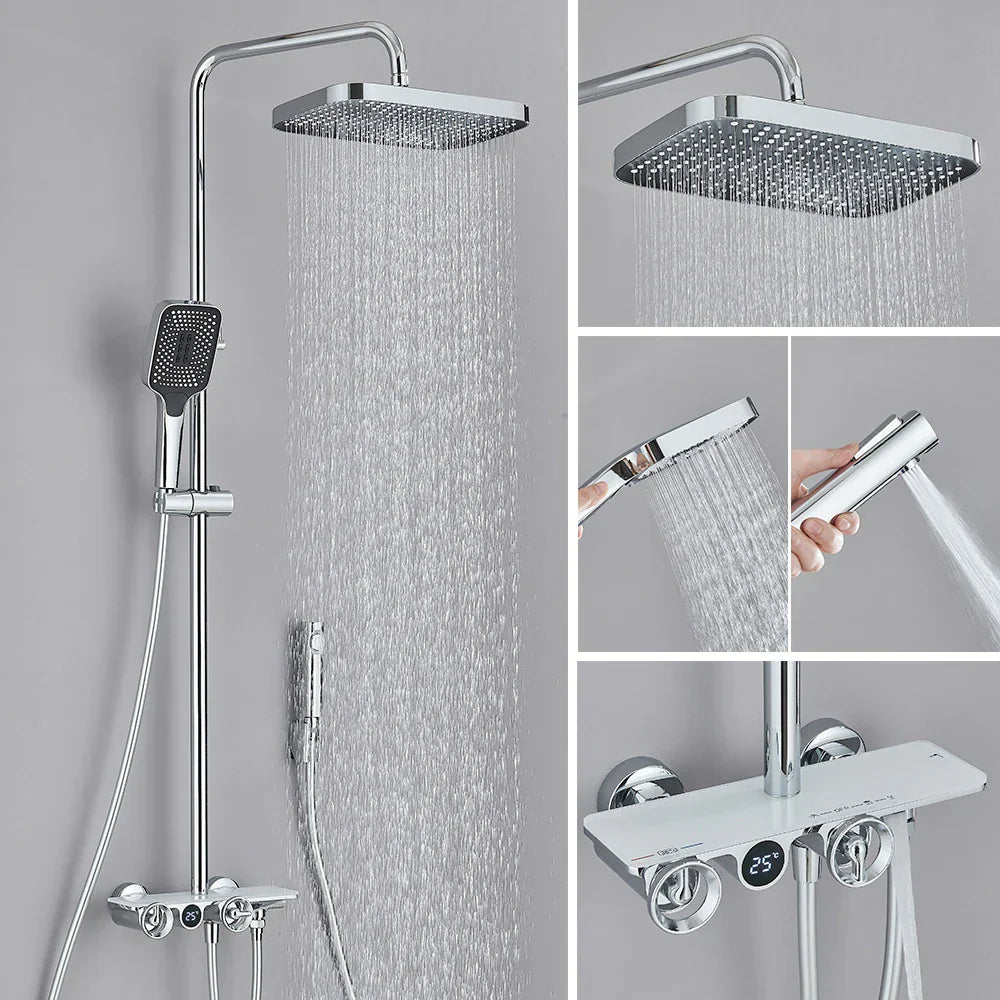 Juego de grifería termostática digital para ducha DecorBites™ gris con sistema de lluvia