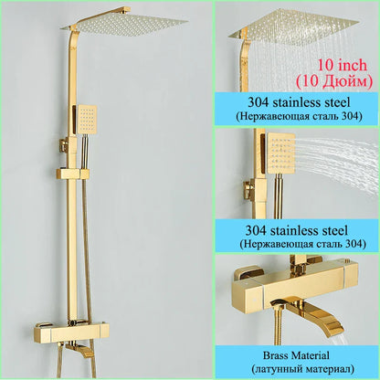 DecorBites™ Golden Thermostatic Shower Faucet Set with Rainfall Shower Column and 3-Way Mixer