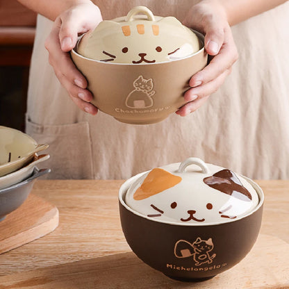 Japanese Creative Ceramic Soup Bowl Cute Cartoon Animals with Lid Cat Bowl Household Instant Noodles Bowl Rice Bowl Tableware