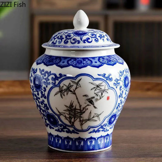 علبة شاي ديكوربايتس™ من البورسلين الأزرق والأبيض | برطمان خزفي محكم الغلق