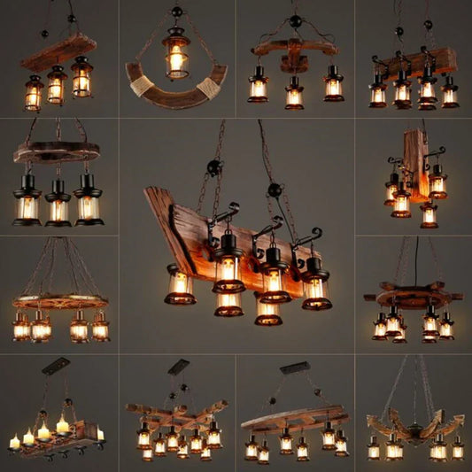 DecorBites™ Vintage Wood Ceiling Chandelier: Creative E27 LED Pendant Lamps for Bar & Coffee Shop