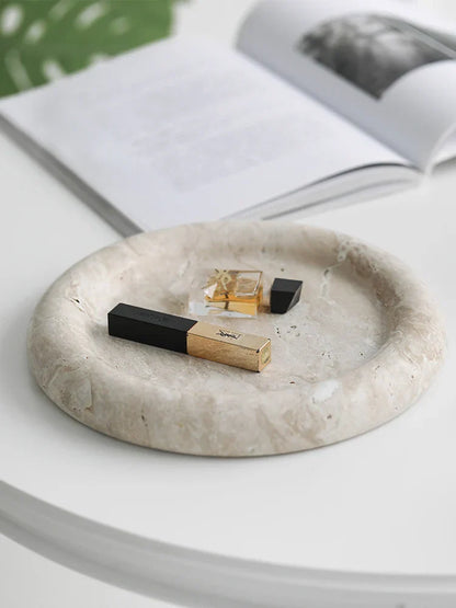 DecorBites™ Beige Travertine Serving Tray: Vintage Home Decor Round Vanity & Jewelry Plate