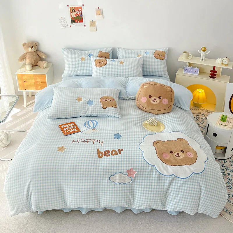 Decobites Cartoon Rabbit Applique Embroidery Bedding Set with Velvet Fleece for Cozy Comfort