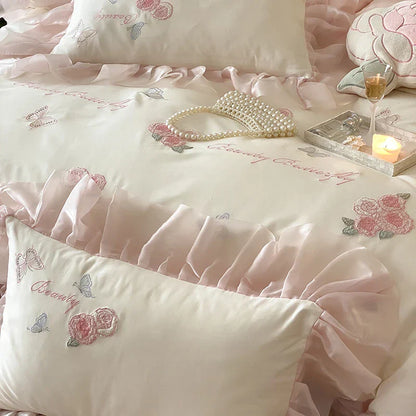 Decobites Butterfly Flowers Lace Ruffles 4Pcs Bedding Set: Duvet Cover, Sheet, Pillowcases