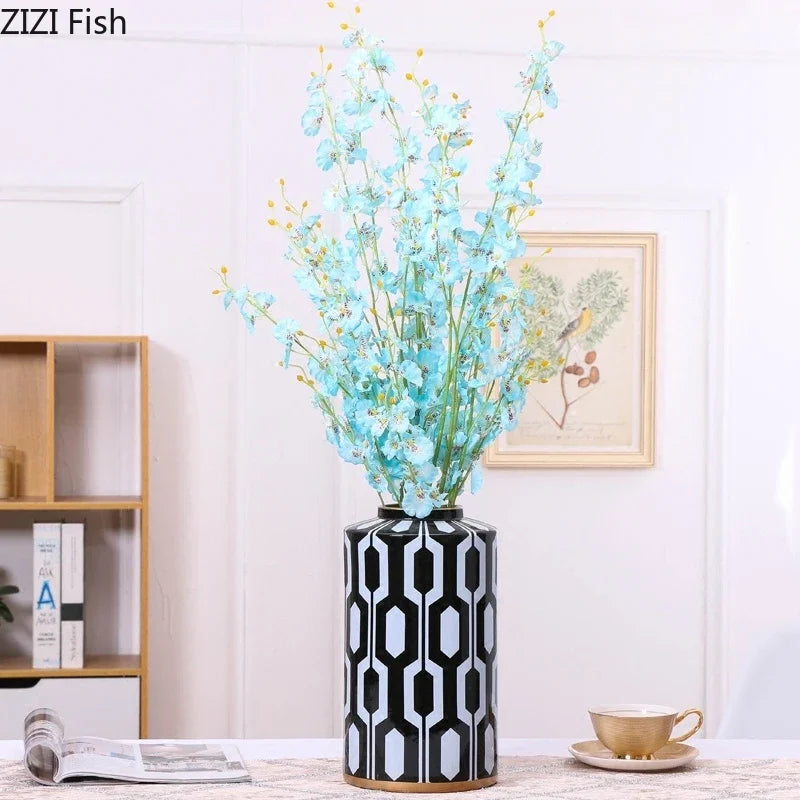 Jarrón de cerámica con rayas geométricas DecorBites™ para decoración del hogar, tanque de almacenamiento, mesa de sala