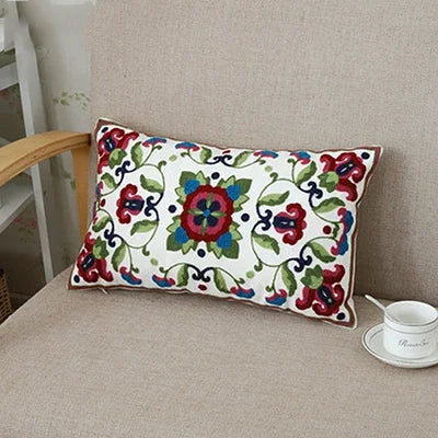 DecorBites™ Ethnic Floral Canvas Cotton Embroidered Lumbar Pillow Case 30x50cm