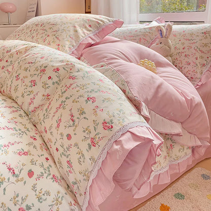 Decobites Floral Ruffles Bedding Set with Duvet Cover, Sheets, and Pillowcases