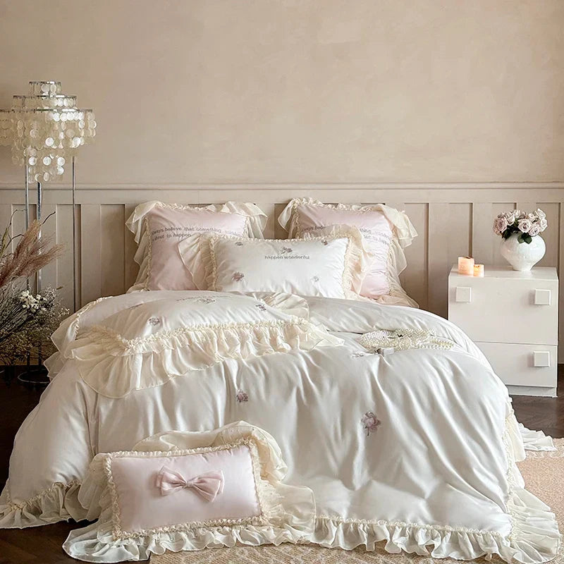 Decobites Vintage Rose Embroidery Lace Princess Wedding Bedding Set