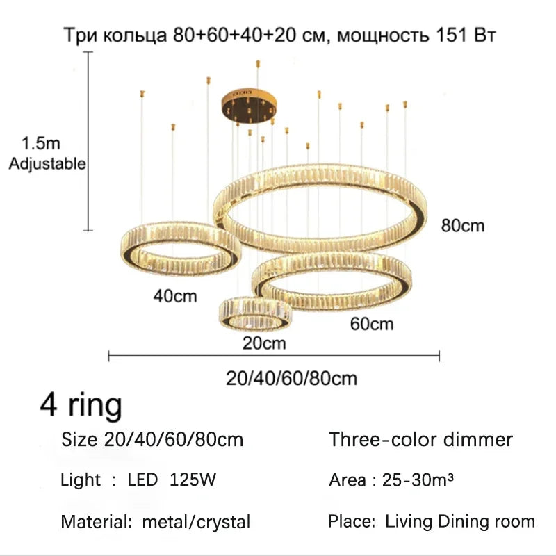 DecorBites™ Golden Crystal Chandelier: Nordic Modern Luxury LED Hanging Halo for Living Room