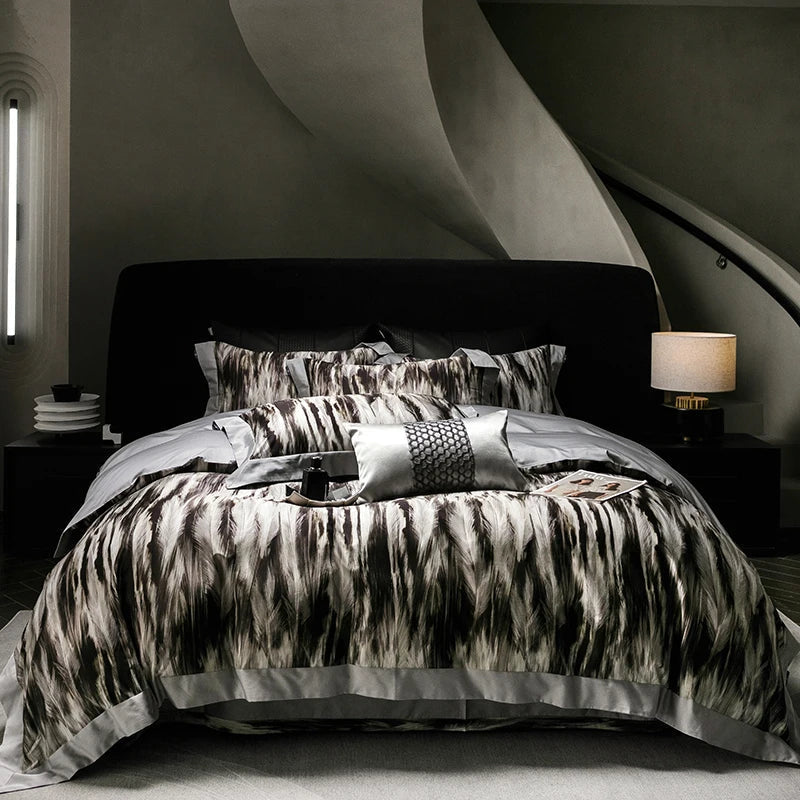 Decobites Feather Leopard Print Luxury 1000TC Egyptian Cotton Bedding Set