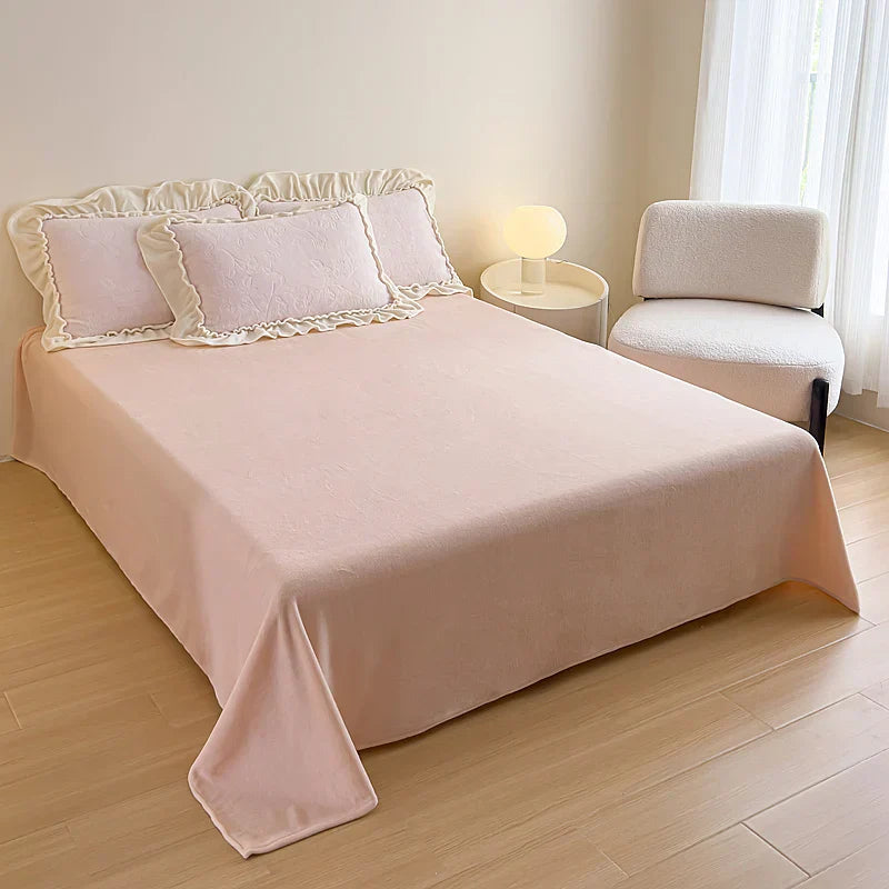 Decobites Princess Velvet Fleece Ruffles Winter Bedding Set - Plush Coral Velvet Duvet Cover & Sheet