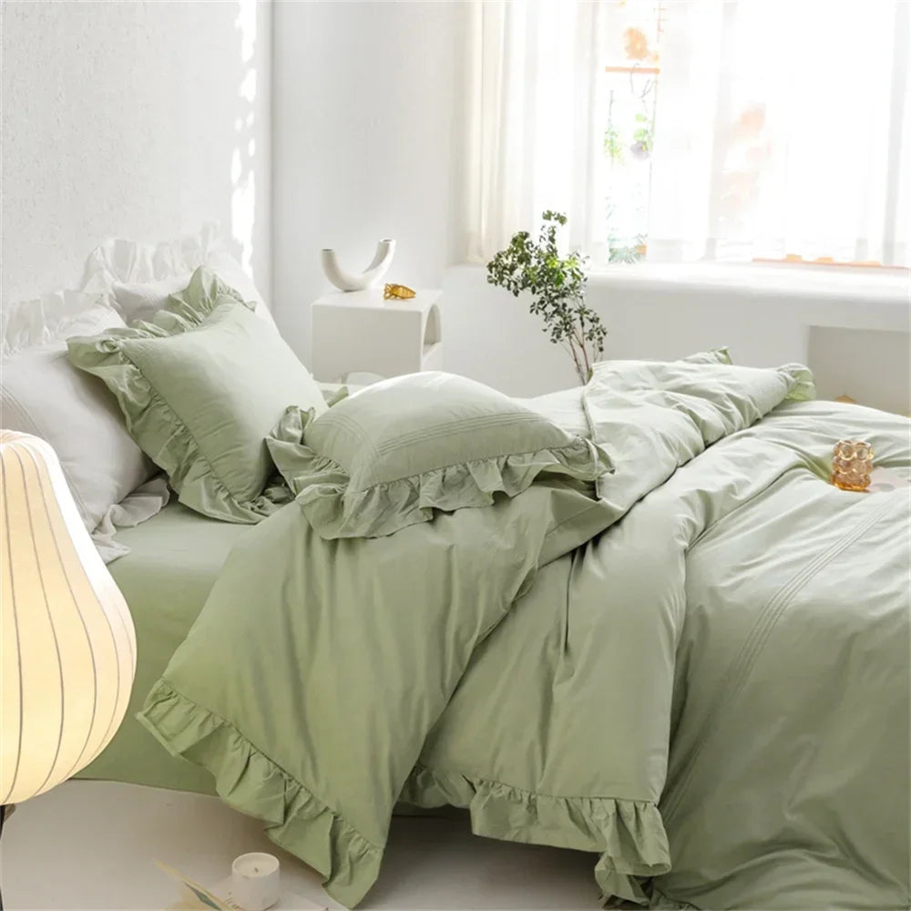 DecorBites™ Light Green Flounce 600TC Egyptian Cotton Bedding Set - Queen/King Size