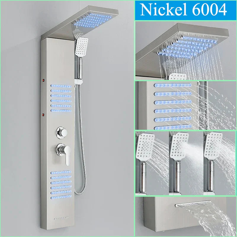 Panel de grifo de ducha DecorBites™ negro con LED, sistema de lluvia tipo cascada y caño de hidromasaje.