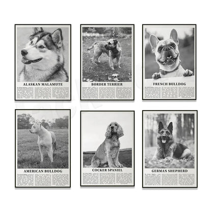 DecorBites™ Black & White Dog Breeds Poster: Greyhound, Cocker Spaniel, Akita, Malamute, Cattle Dog