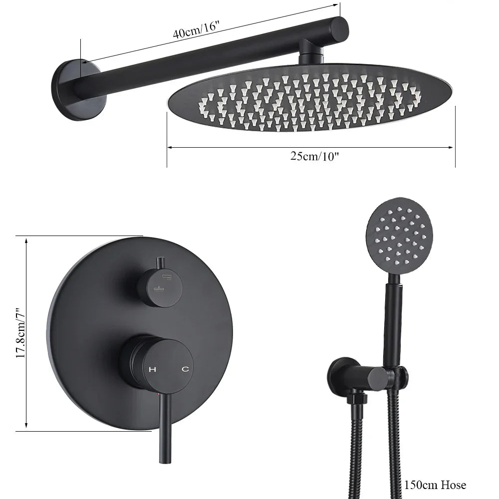 DecorBites™ Brass Black Shower Set with Ceiling/Wall Arm, Diverter Mixer, Handheld Spray, 8-16" Rain Head