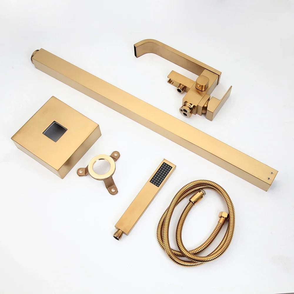 DecorBites™ Brushed Gold High Rise Round Bath Mixer Roman Tub Faucet Set Floor Stand