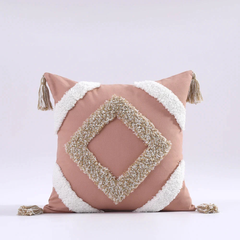 Funda de cojín DecorBites™ Boho con borlas y mechones, 45x45cm - Funda de cojín decorativa de algodón azul y rosa