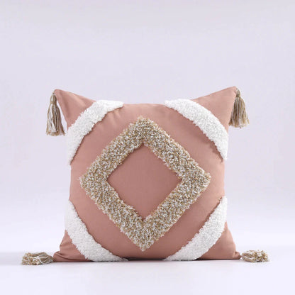 Funda de cojín DecorBites™ Boho con borlas y mechones, 45x45cm - Funda de cojín decorativa de algodón azul y rosa