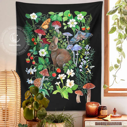 Decobites Rabbit Strawberry Garden Tapestry: Psychedelic Mushroom Flower Boho Wall Art