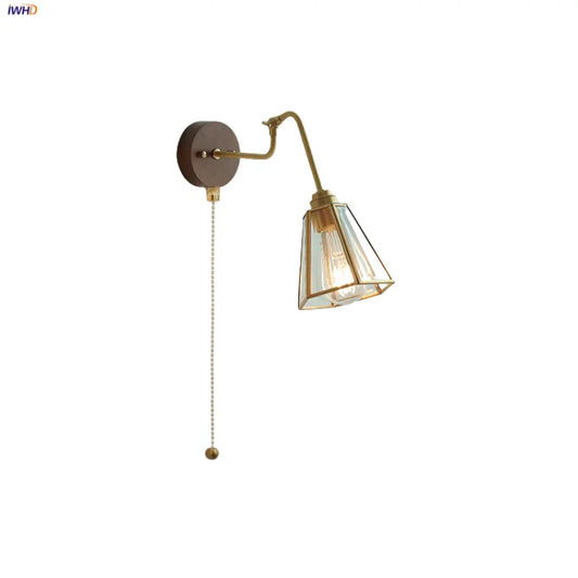 DecorBites™ Clear Glass LED Wall Sconce Pull Chain Switch Rotate Arm Walnut Wood Stair Light