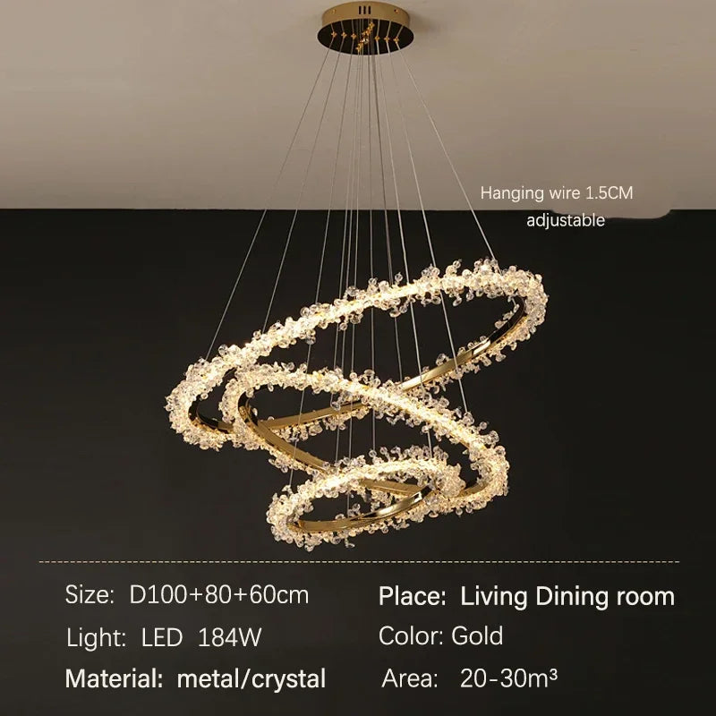 DecorBites™ Golden Round Crystal Chandelier | Nordic Luxury LED Halo Chandelier for Living Room