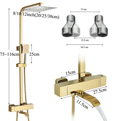 DecorBites™ Golden Thermostatic Shower Faucet Set with Rainfall Shower Column and 3-Way Mixer